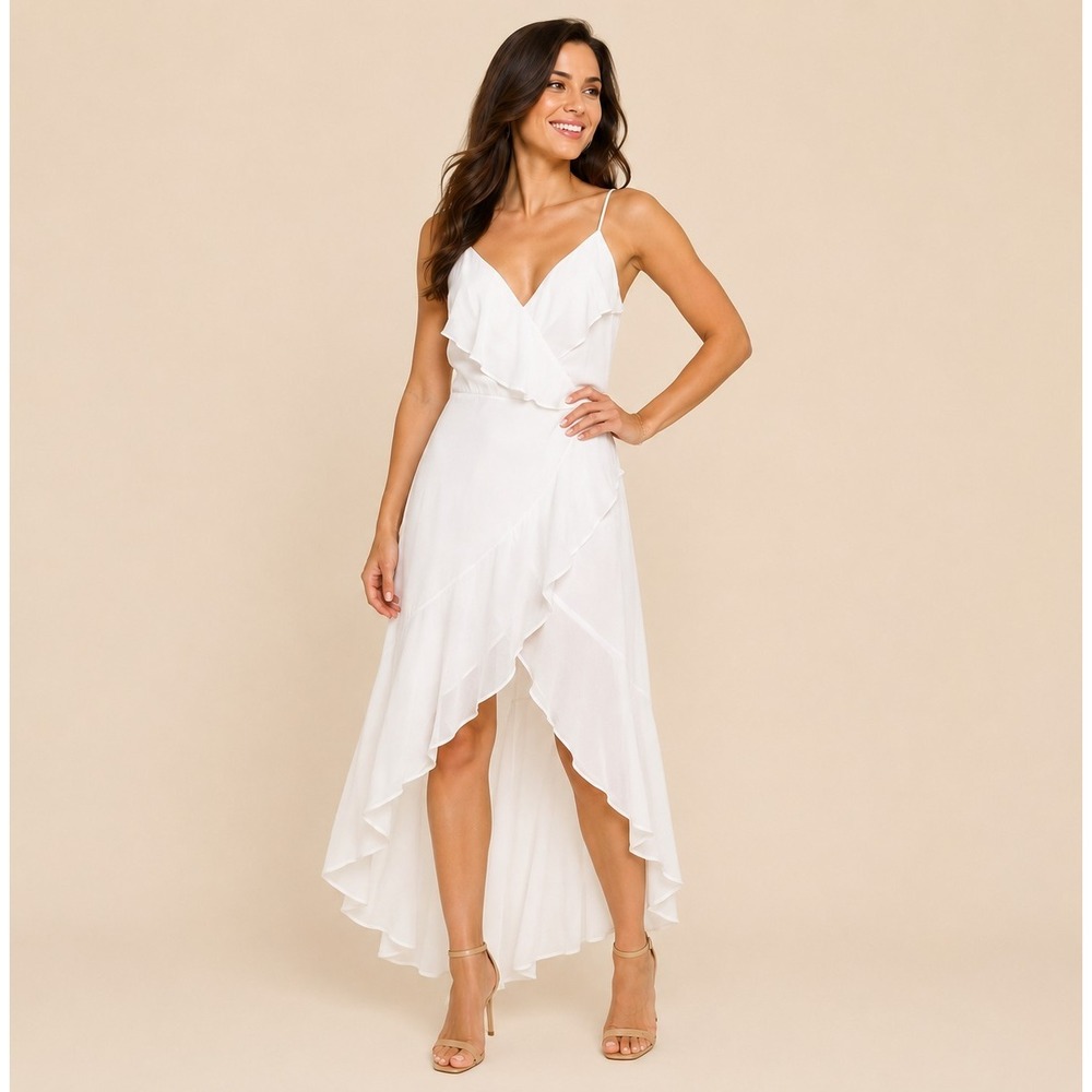 Express White Chiffon V-Neck Spaghetti Strap Hi-Low Ruffle Dress XS